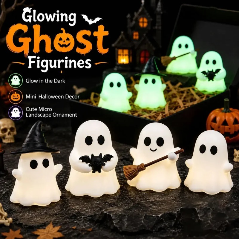 Desk Setup Dark - 1-5個入り 暗闇で光るミニゴーストフィギュア レジン製 ハロウィン デスクトップデコレーション かわいい不気味なオーナメント