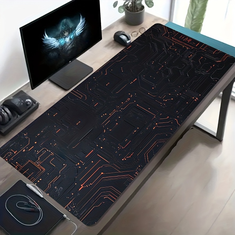 Desk Setup Accessories Aesthetic - CIFBUY 大型ゲーミングマウスパッド オレンジブラック回路柄 滑り止め 洗えるゴムベース オーバーサイズデスクマット