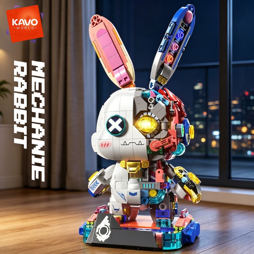 Desk Setup Build - KAVOWORLD 1377ピース ロボットウサギ 組み立てブロックセット LEDライトアップ 多点回転式
