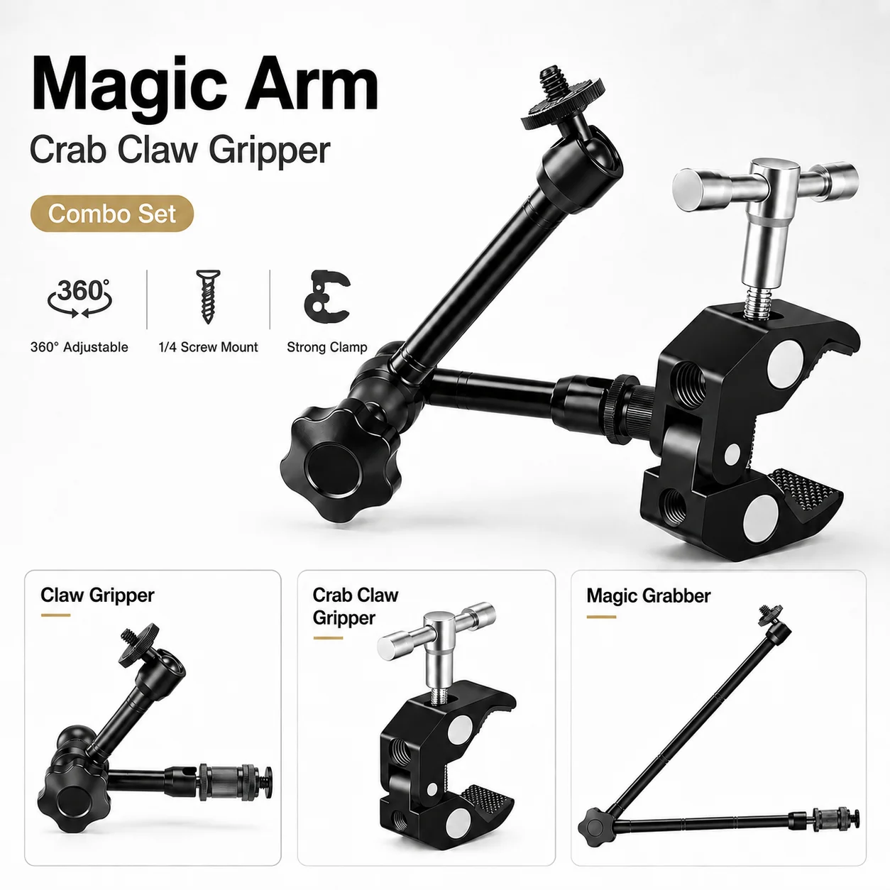 Monitor Arm Clamp - マジックアーム 7/11/20インチ 360 ° 回転可能な金属アーム、1/4インチネジ付き、モニター、ビデオライト、スマートフォン用スーパーカンプレスマウント、ヘビーデューティー