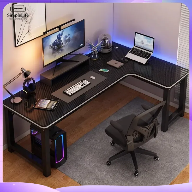 Desk Setup Laptop And Monitor - コーナーゲーミングデスク、PC/ラップトップ用コンピューターデスク、人間工学に基づいた高さ調整可能なデュアルモニターセットアップ、収納付きホームオフィスデスク