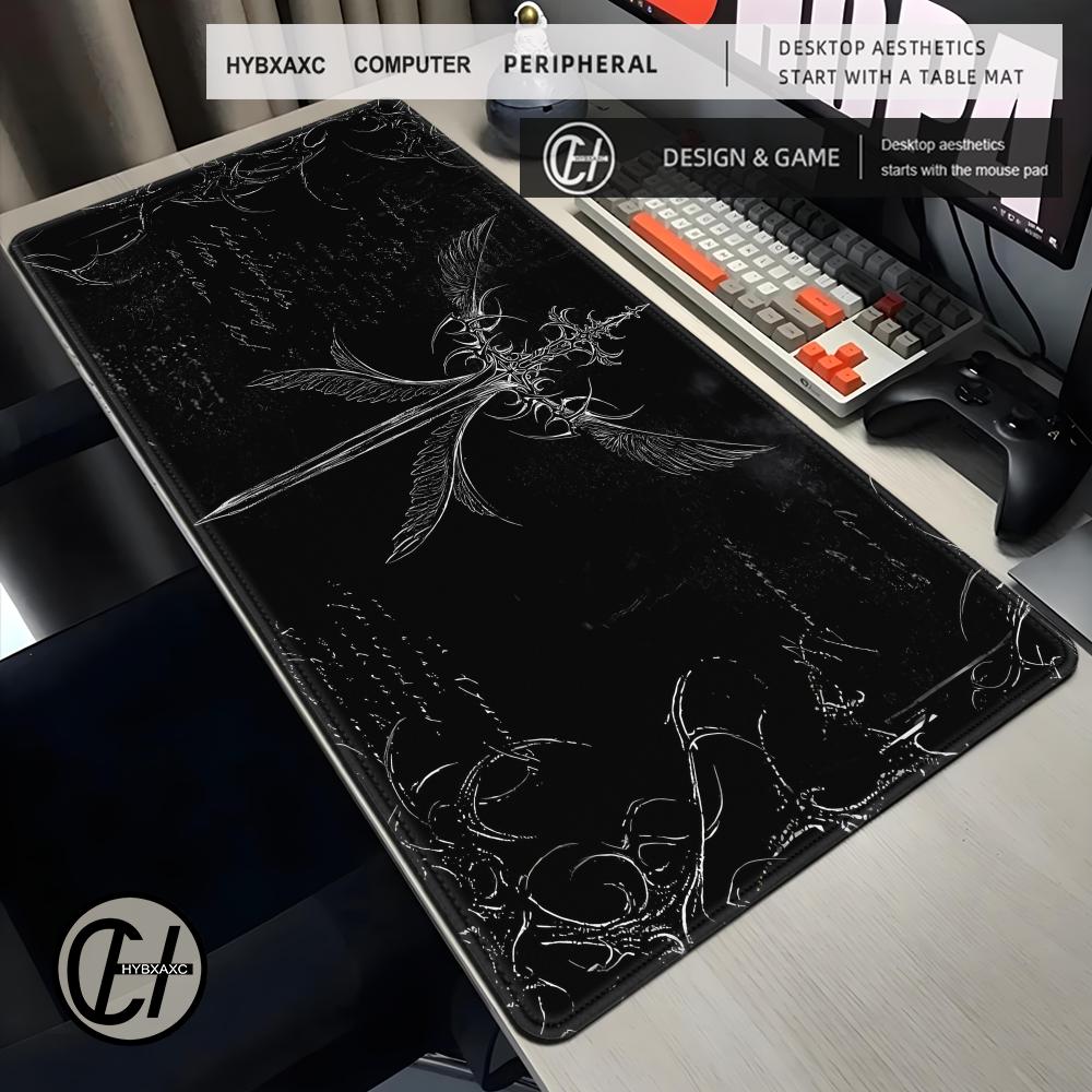 Desk Setup Dark - ダークゴシッククロスウィング柄大型デスクマット、滑り止めゴム製拡張マウスパッド、デスクトッププロテクター、ゲーミングキーボードテーブルパッド