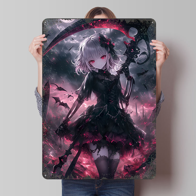 Desk Setup Poster - 悪魔死神少女ポスター カスタムウォールアート ヴィンテージメタルサイン レトロブリキ飾り板 男性用洞窟セットアップ装飾 デスクデコレーション