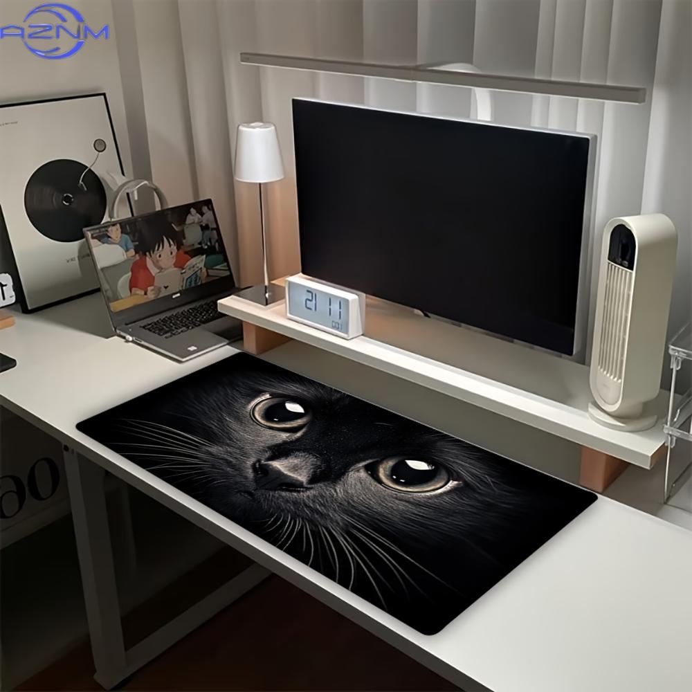 Desk Setup Dark - ダークキャットアイズ大型ゲーミングマウスパッド、滑り止めゴムロックエッジ、拡張デスクマット、ゲーマー、オフィス、ノートパソコン、キーボード、デスクトップセットアップ用