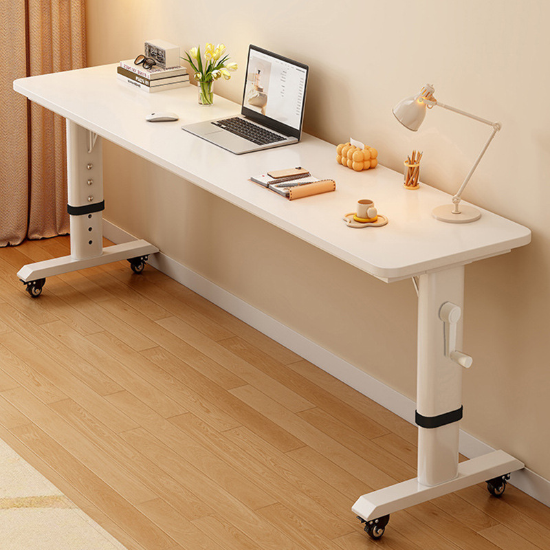 Desk Setup Notebook - 調節可能なオーバーベッドラップトップデスク、ハンドクランク付き、寝室用家具用の車輪付き無垢材ローリングコンピューターテーブル