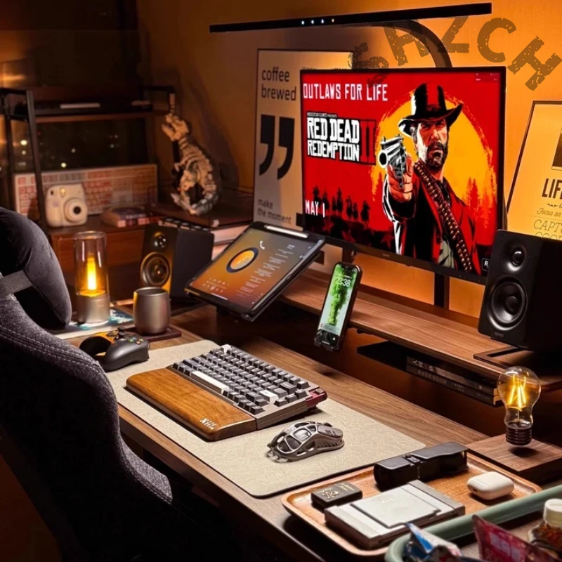 Desk Setup Laptop And Monitor - 人間工学に基づいたデスクセットアップのためのモジュラーウォールナットモニタースタンド – オフィスやゲーミング用の高さ調節可能なノートパソコン＆スクリーンライザー