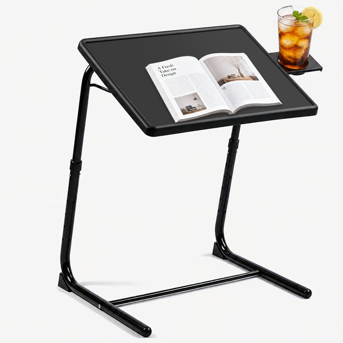 Desk Setup Notebook - 高さ調整可能なノートパソコン用ベッドテーブル 6段階高さ調整 3段階傾斜調整 折りたたみ式サイドデスク カップホルダー付き 金属フレーム