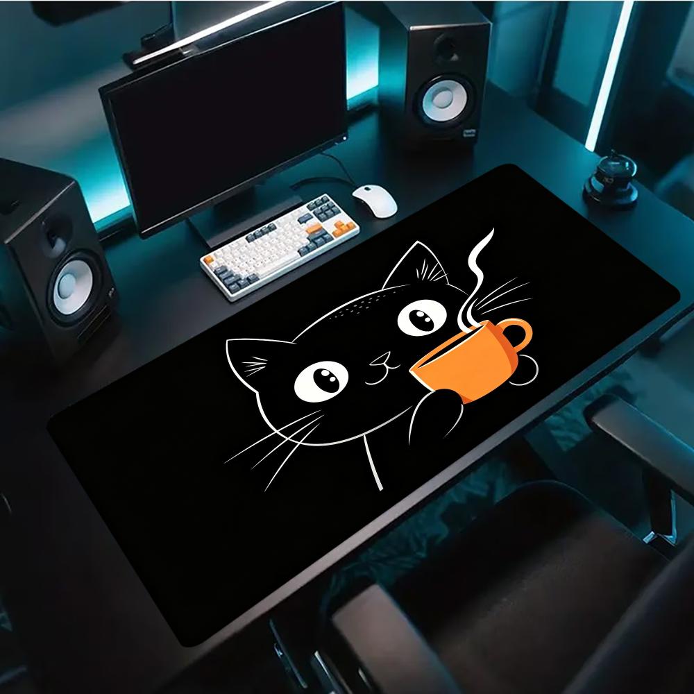 Desk Setup Pc And Laptop - かわいいラインアート猫がコーヒーカップを持った大型ゲーミングマウスパッド、滑り止めゴム製デスクマット、PC、ラップトップ、オフィス、自宅、ゲーミングセットアップ用
