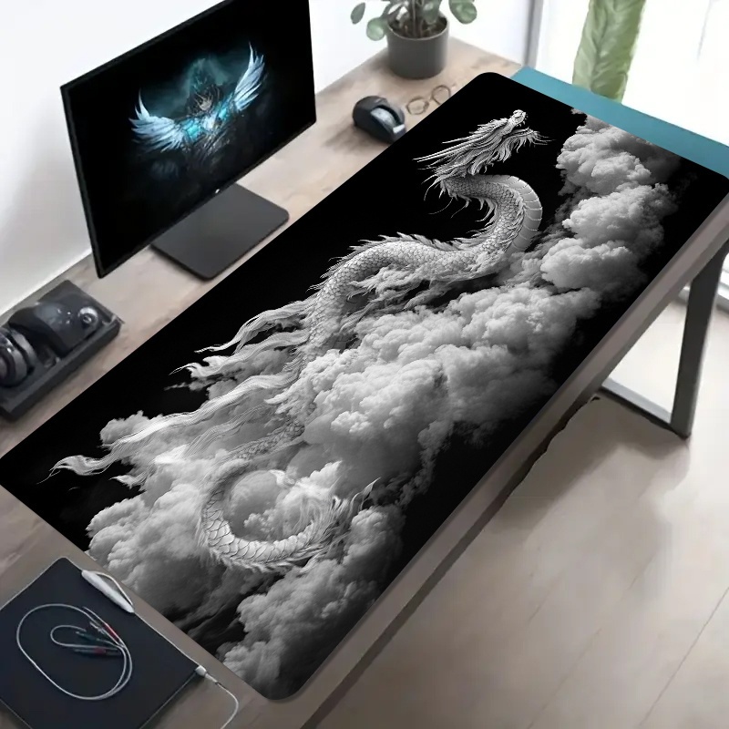 黒と白のドラゴン柄ゲーミングマウスパッド、大型滑り止めゴム製 - Desk Setup Pc And Laptop のレビューと価格