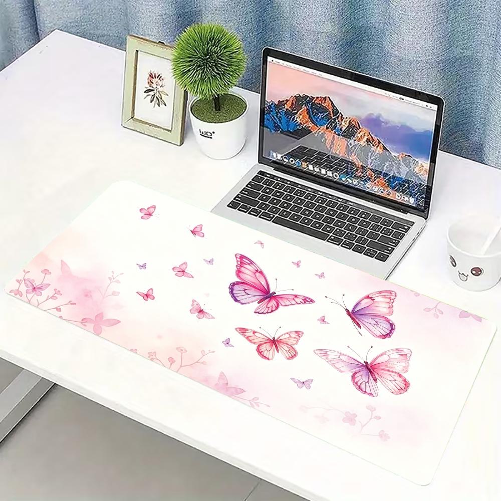 水彩画ピンク蝶柄大型ゲーミングマウスパッド滑り止めゴム製デス - Desk Setup Pc And Laptop のレビューと価格