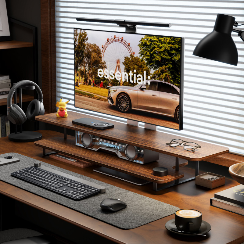 ウォールナット仕上げモニタースタンドライザー無垢材デスクトッ - Desk Setup Laptop And Monitor のレビューと価格