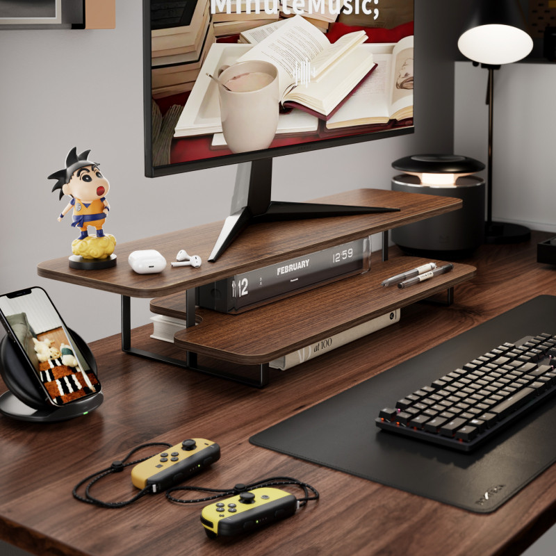 ウォールナット仕上げモニタースタンドライザー無垢材デスクトッ - Desk Setup Laptop And Monitor のレビューと価格