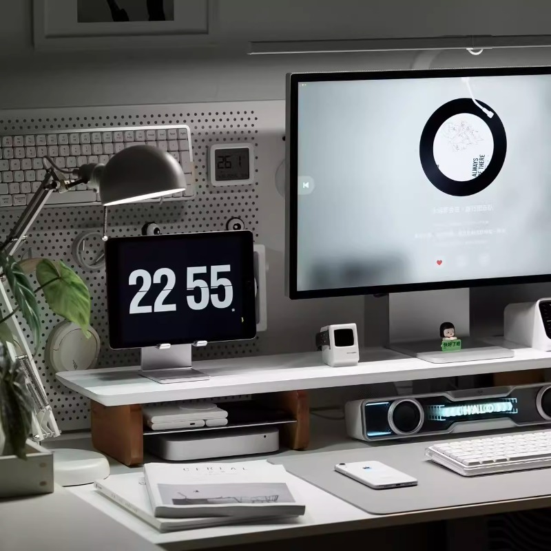 モダンなモニターライザースタンド人間工学に基づいたデスクシェ - Desk Setup Laptop And Monitor のレビューと価格