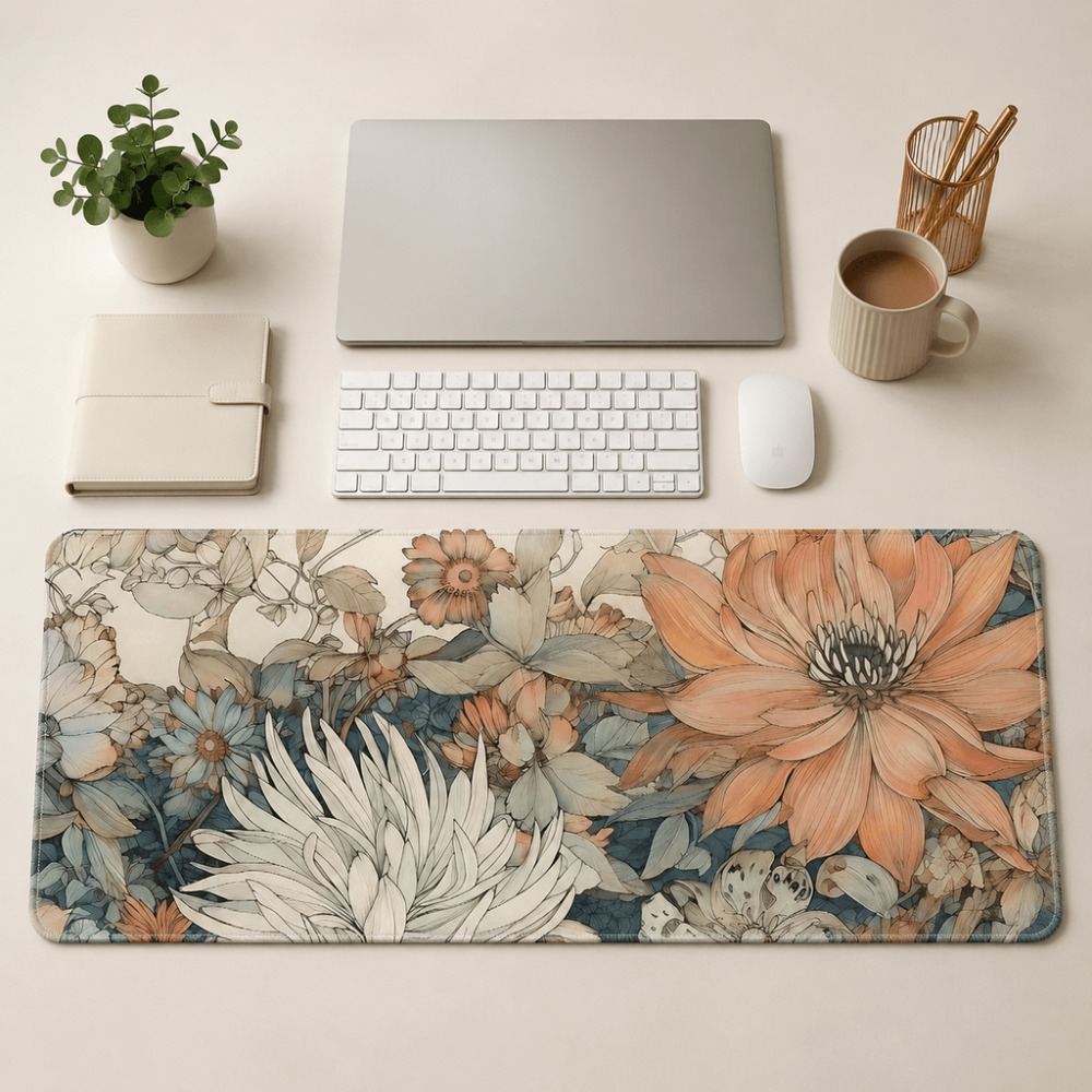 レトロな花柄のテーブルマット、植物や花のプリントが特徴で、女 - Desk Setup With Plants のレビューと価格